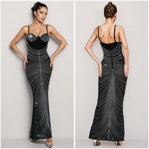 NWT Mew Mews Black Rhinestone Maxi Evening Statement Dress M New Years Eve NEW